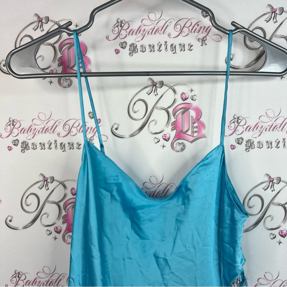 La SENZA dress lace up corset sides rhinestones shiny Turquoise Satin Chemise - Picture 5 of 8